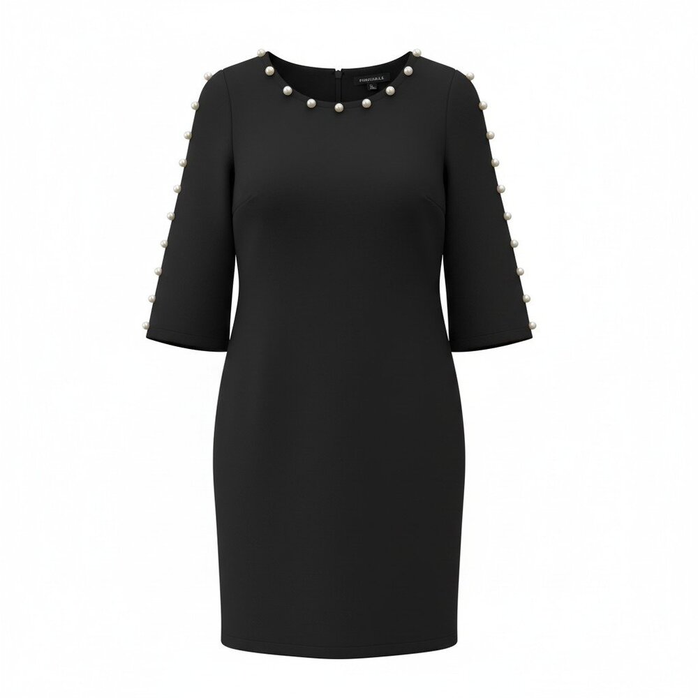 Roz & Ali Black Sheath Dress Faux Pearl Trim Size 4 Career Cocktail Elegant